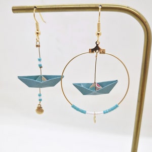 Asymmetrical origami earrings, paper boats, sea shell, golden blue green, creoles and dangling, Japanese paper, washi