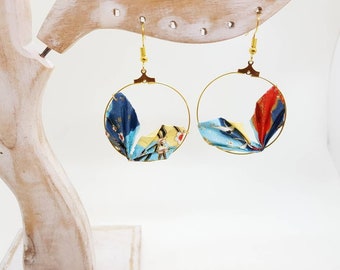 Origami creole earrings, Japanese paper, blue and gold, artisanal washi