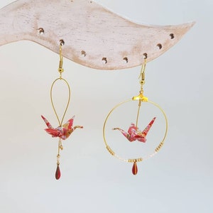 Asymmetrical origami earrings, creole and dangling, Japanese paper, washi cranes, red and gold, enameled drops