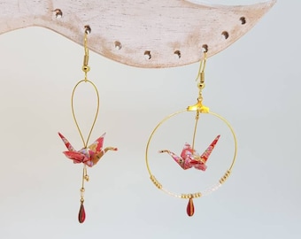 Asymmetrical origami earrings, creole and dangling, Japanese paper, washi cranes, red and gold, enameled drops