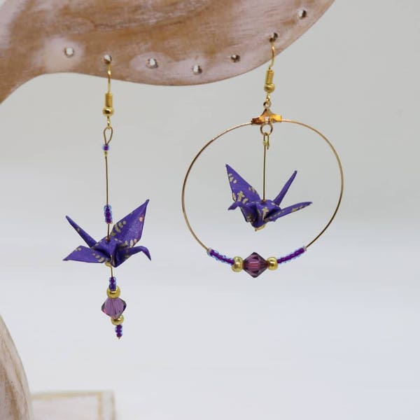 Asymmetrical origami earrings, creole and dangling, Swarovski pearls, Japanese paper, washi cranes, purple and gold