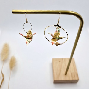 Gold Filled origami asymmetrical earrings, beige and gold, Japanese washi paper