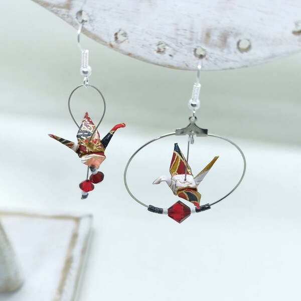 Asymmetrical, hoop and dangling earrings, origami cranes, Swarovski pearls, bird, Japanese paper, washi, black and silver
