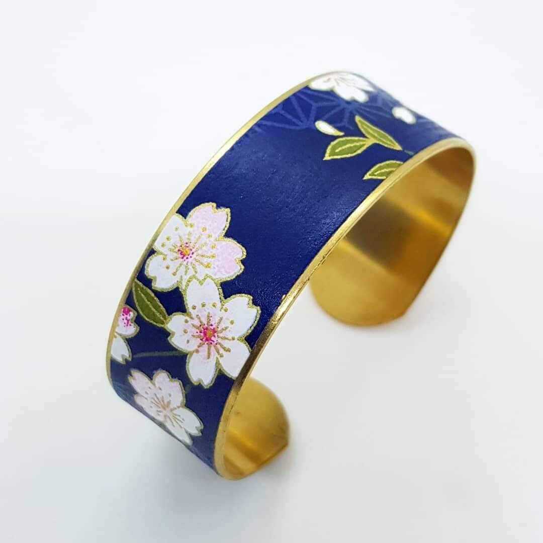 Cuff Bangle Bracelet, Brass, Japanese Paper, Blue and Gold, Origami