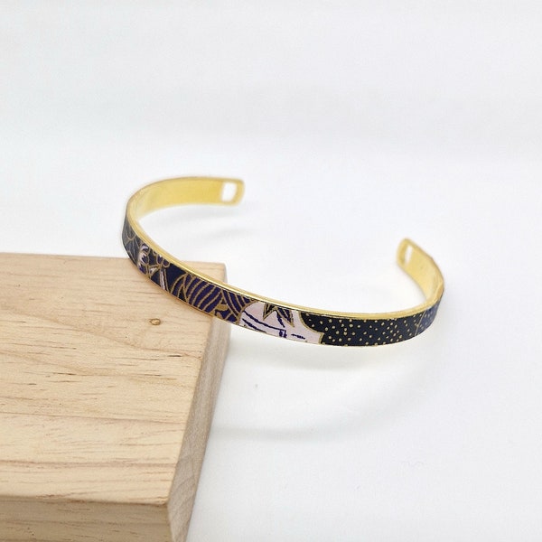 Bracelet jonc doré à l'or fin 24 K, papier japonais bleu nuit