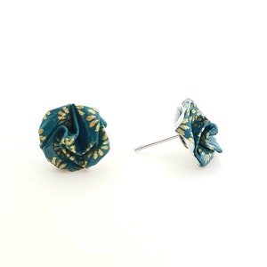 Pink origami earrings, ear studs, duck blue, Japanese paper, handcrafted washi, flower loop