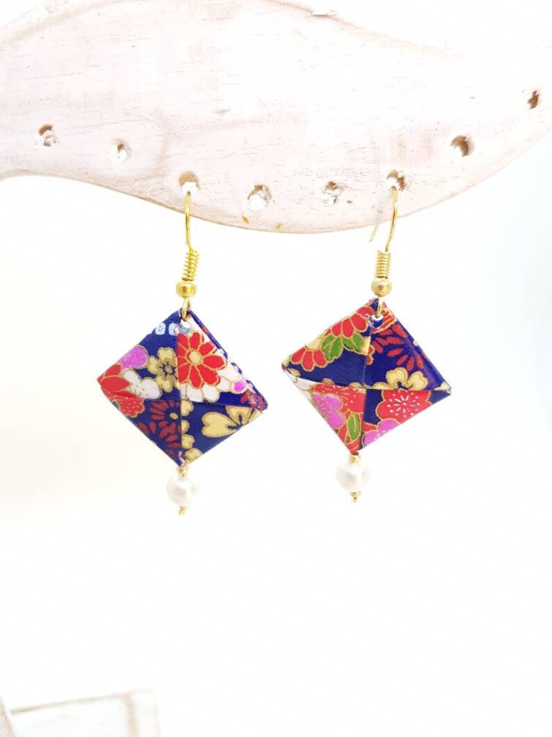 Origami Diamond Square Earrings Blue Paper Rose Gold Handcrafted Washi Pendant Geometric Dangle Beads