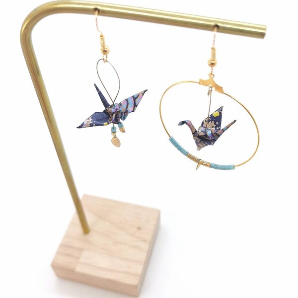 Asymmetrical origami earrings, blue and gold cranes