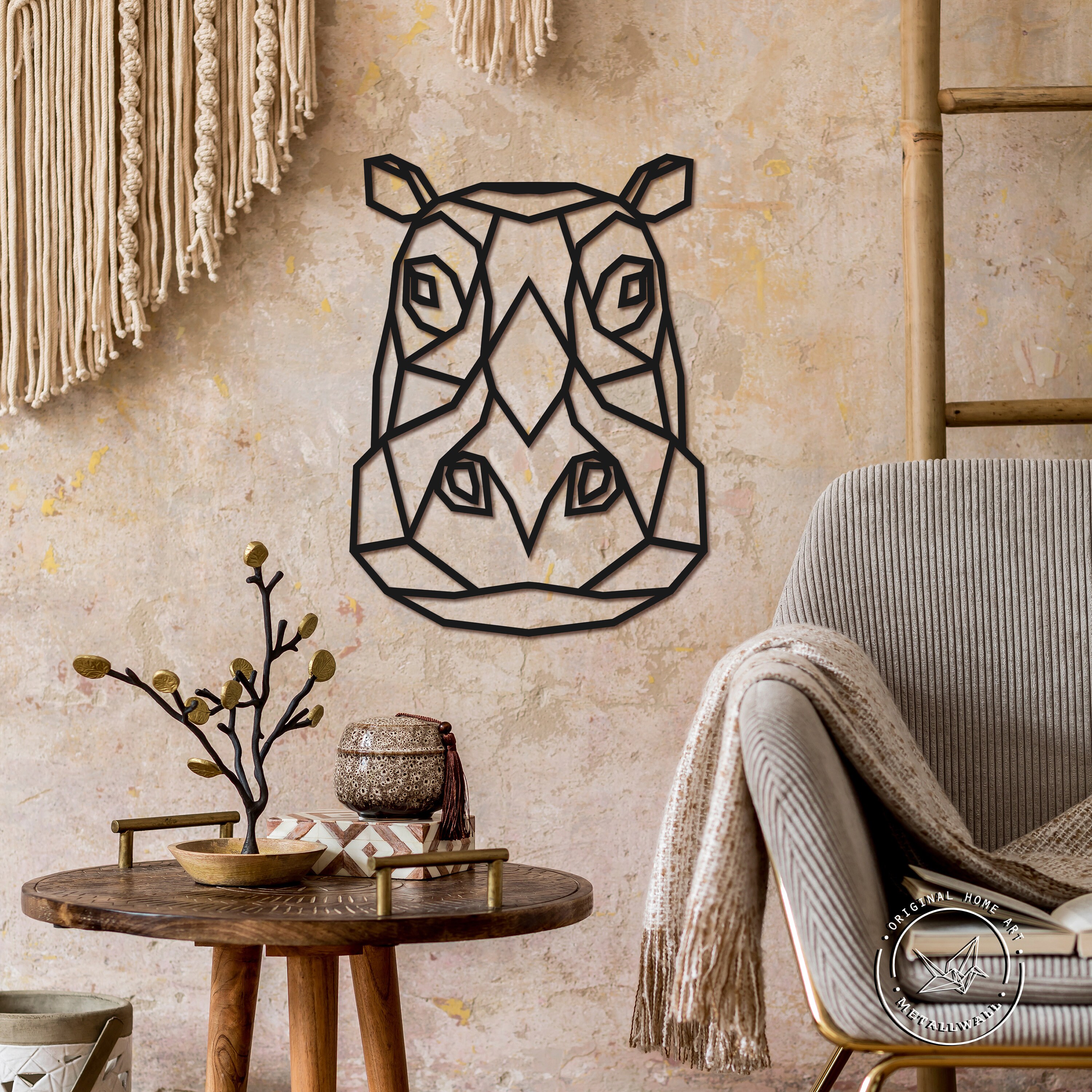 Metal Wall Art Geometric Wall Art Animal Hippopotamus Head Etsy