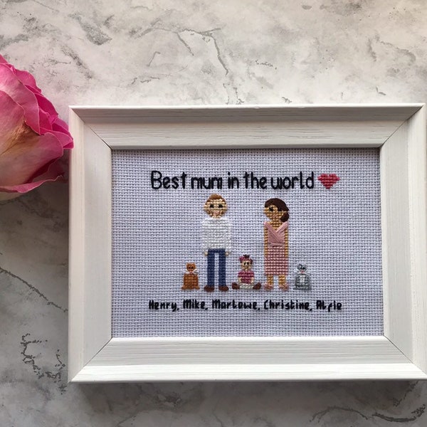 CUSTOM Cross Stitch Family Portrait - 2 figurines (voir la description pour ajouter des membres supplémentaires de la famille)