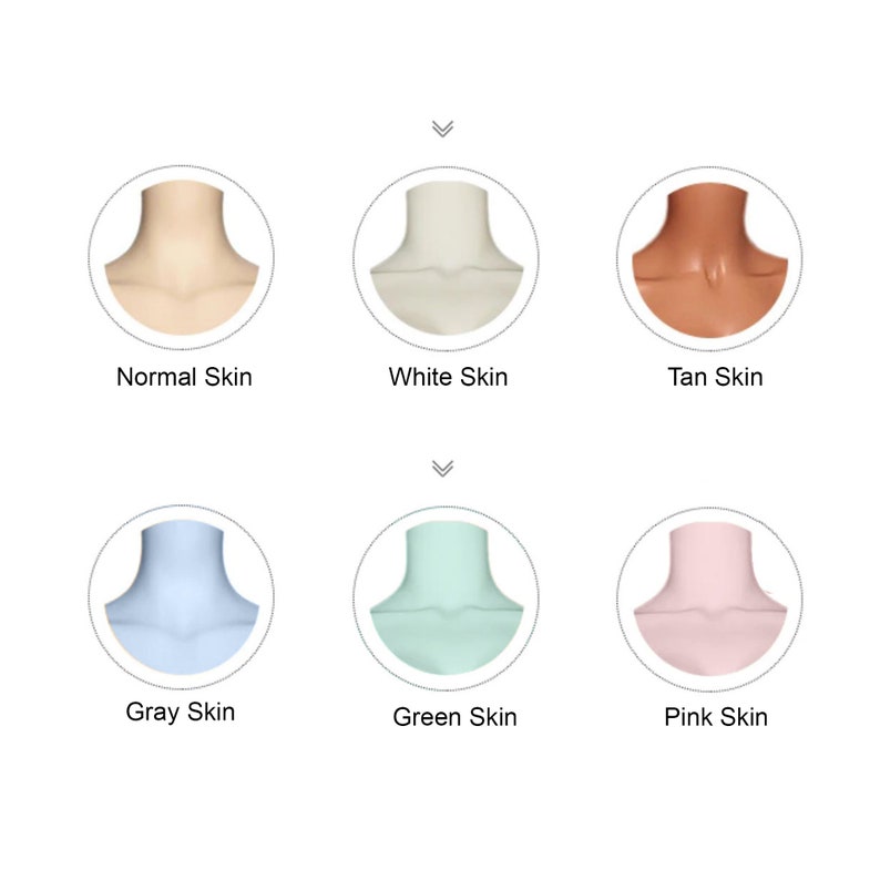 May include: An image showing six different skin tones: normal, white, tan, gray, green, and pink. Each skin tone is represented by a neck and upper chest area within a circular frame, with the skin tone labeled below each image.