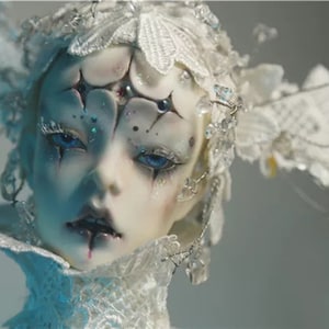May include: A detailed close-up of a doll's face with pale skin, blue eyes, and dark accents around the eyes and mouth. The doll wears a white, ornate headpiece with floral and crystal embellishments, creating a fantasy or gothic aesthetic.