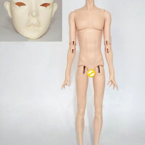 May include: A nude-colored, articulated doll with a detailed face and a separate head with star-shaped cutouts. The doll is standing, with visible joints at the elbows, knees, and ankles. The doll's height is approximately 60 cm.