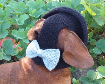 Summer knitted Panama for dog black with gray bow