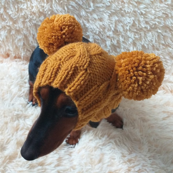 Dog hat with two pom poms wool, warm hat for dachshund, wool hat for small dogs