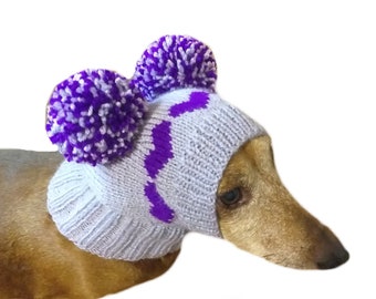 Knitted purple hat with two pom-poms for mini dachshunds or small dogs