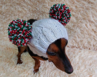 Christmas Hat for Pets with Two Pompoms, Dachshund Dog Warm Clothes Outfit Hat with Pompoms