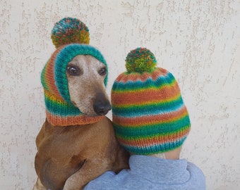 Set of warm wool hats with pom-pom for mom and dachshund, set of knitted hats with pom-pom for hostess and dog