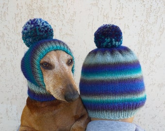 Set da padrona e cane composto da cappelli lavorati a maglia con pompon, cappello da donna e cappello per cane