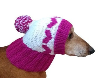 Knitted clothes dog hat with hearts for valentine's day, clothing for dachshund or small dog hat