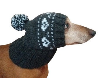 Hat winter knitted with hearts for small dachshund dog