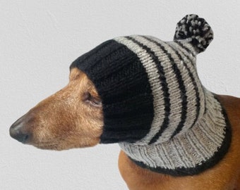 Striped black with gray hat for dog with pompom