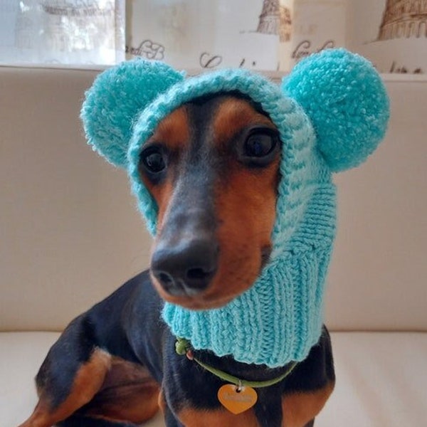 Pet hat with two pompoms, dog dachshund warm clothes outfit hat with pompoms