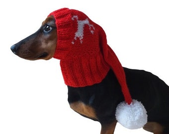 Christmas red hat with reindeer and pompom, christmas dog clothes hat with deer, christmas hat for dachshund