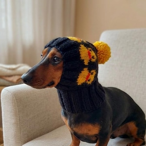 Dachshund hat with ducks, Original warm clothes for dogs hat with a duck print for dogs with pompom