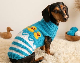 May include: A dachshund dog wearing a blue knitted sweater with yellow duck and white stripe designs. The dog is sitting on a fluffy white rug. A wooden duck and yarn balls are in the background.