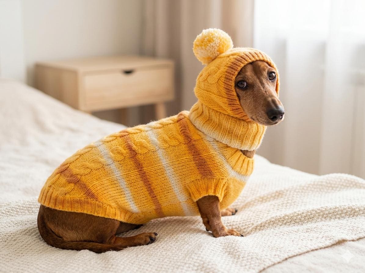 Handmade Knitted Dog Sweater and Hat Set, Dachshund Winter Clothing, Wool Blend Warmth