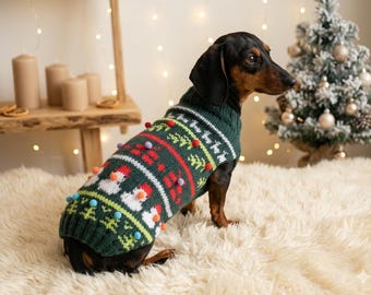 Suéter navideño con muñecos de nieve, árboles, regalos y ciervos para perro, disfraz festivo brillante, ropa navideña, ropa para mascotas, atuendo, jersey para perro salchicha.