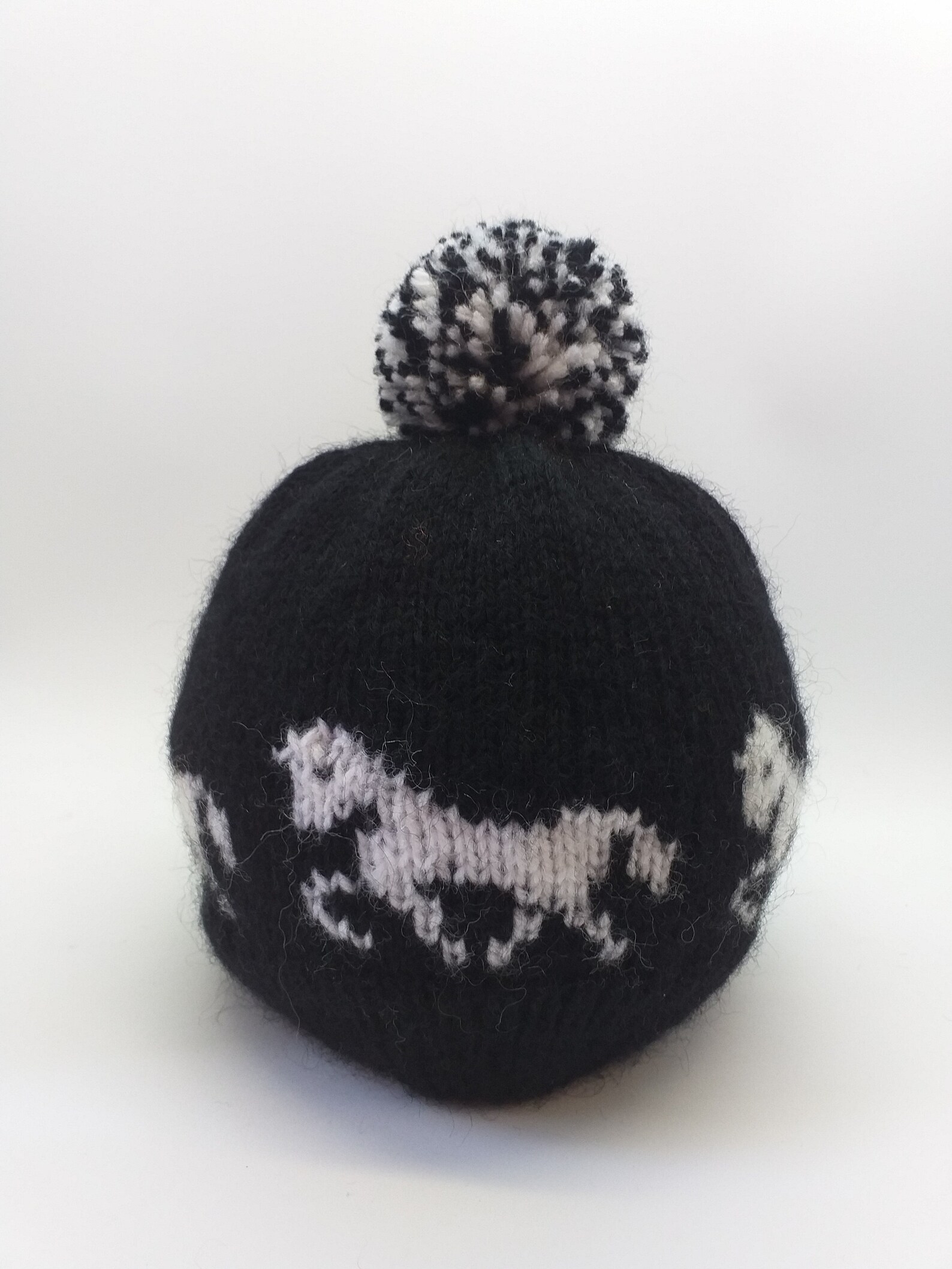 Knitted black hat horse with pompom Etsy