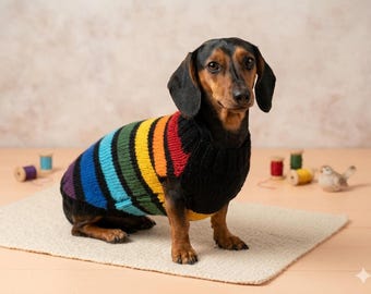Striped Rainbow Dog Sweater, Warm Custom Knitted Winter Pet Clothes, Casual Dachshund Costume Stripes Jumper, Cozy Gift for Dog Lover