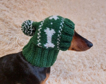 Snood hat wool for dogs with bones and pompom - warm dog ears wool hat-dachshund clothes snood hat with bones