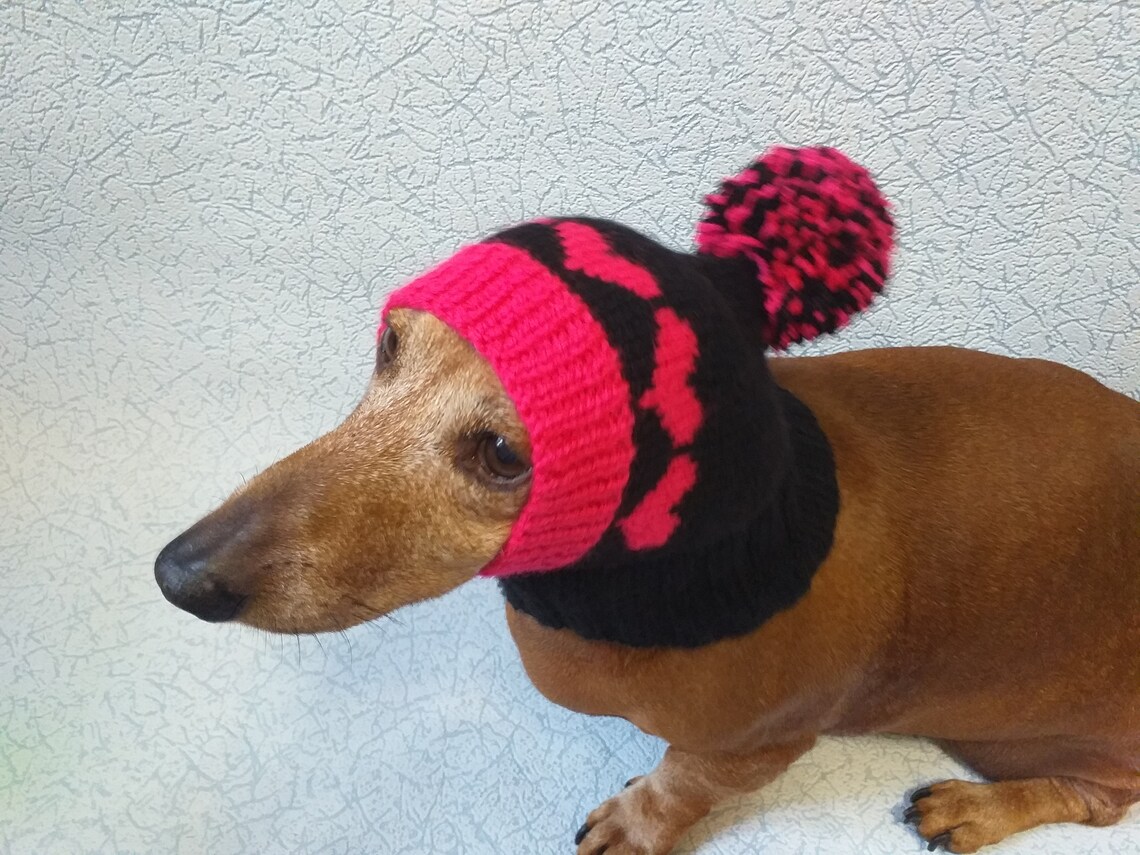Pink hat with hearts and big pompon for dog doxie clothes Etsy
