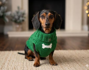 Pull en laine à imprimé os avec arans pour chiens, pull pour vêtements chauds teckel avec torsade