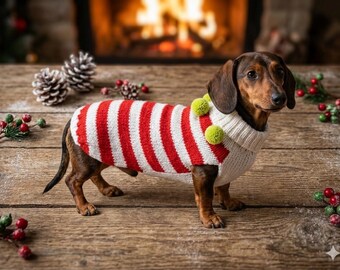 Suéter navideño de rayas blancas y rojas con pompones para perro, disfraz festivo brillante, ropa abrigada, atuendo para mascotas, jersey para perro salchicha