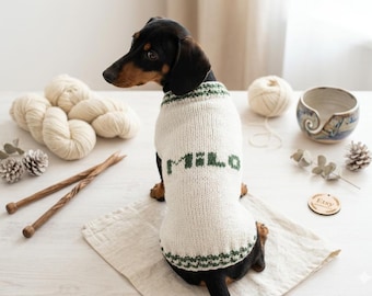Personalized dog sweater outfit with your pet's name: warm knitted dachshund clothing monogram