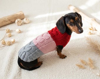 Handgemaakte teckel trui, hondentrui kleur, kabelgebreide Weiner hondenkleding, rood roze grijs winter huisdier trui, miniatuur teckel cadeau