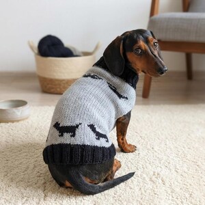 Puede incluir: Un perro salchicha con un suéter de punto gris y negro con siluetas de perro salchicha negras. El perro está sentado en una alfombra color crema. Un cuenco de cerámica y una cesta están en el fondo.