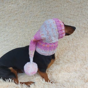 Puede incluir: Un perro negro y marrón con un gorro de punto rosa, blanco y naranja con un pompón. El perro está sentado sobre una superficie cremosa y esponjosa.