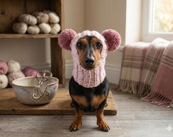 Rainbow Winter melange dog hat aran and two pom-poms, cable knit outfit warm custom pet clothes, cap closed ears for dachshunds  beanie