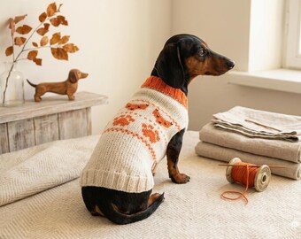 Suéter para perro tejido a mano con estampado de huellas de zorro, ropa para mascotas de mezcla de lana, conjunto acogedor para perros salchicha.