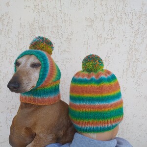 Set of warm wool hats with pom-pom for mom and dachshund, set of knitted hats with pom-pom for hostess and dog image 7