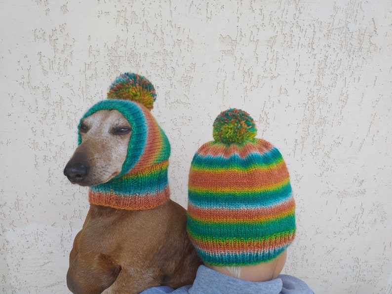 Set of warm wool hats with pom-pom for mom and dachshund, set of knitted hats with pom-pom for hostess and dog image 7