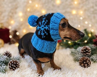 Snowflake Christmas dog hat with pom-pom, Handmade pet clothing Warm winter beanie for dachshund closed ears, fogs lover gift