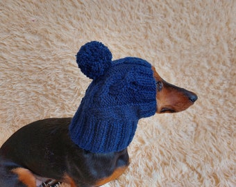 Dog hat with pom poms wool, warm hat for dachshund, wool hat for small dogs