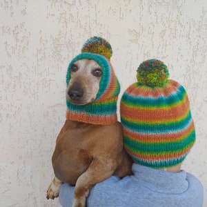 Set of warm wool hats with pom-pom for mom and dachshund, set of knitted hats with pom-pom for hostess and dog image 8