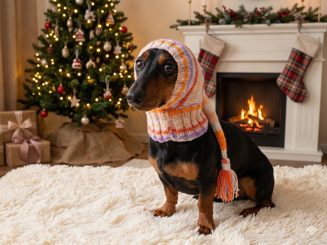 dachshund dressed up for christmas Knitted Dog Hat Christmas Santa Bright Festive Costume Holiday Winter Clothes Pet Outfit Dachshund Elf Custom Cap Dogs Lover Gift